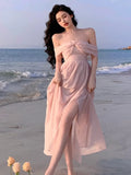 Girlary France Elegant Backless Chiffon Beach Dresses Korean Chic A-line Pink Fairy Dress Summer Casual Vocation Party Club Vestidos