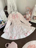 Girlary Kawaii Sweet loose bow 2-piece set Women Pretty Cute long sleeve Thin single breasted dress Female + pink o-neck shawl 2000s