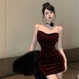 Girlary Women Red Diamonds Polka Dot Velvet Pleated Sling Mini Dress Elegant Dresses for Special Events Autumn Winter Bodycon Dress