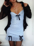 Girlary Fashion Casual Sleeveless Summer Mini Blue Dress Streetwear Sexy 2024 V-neck Bowknot Dot Print Ruffles Package Hip Slip Dresses