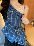 Girlary Women Holiday French Style Unique Retro Blue Checkered Tank Top Tight Waist Slim Fit Test Split Sleeveless Top