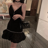 Girlary Black Party Dress Spaghetti Strap Sleeveless Beading Design French V Neck Zipper Rivet Ruffles Mini Sexy Dress