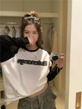 Girlary Korean Style Oversized Pink Tshirts Women Harajuku Kpop Cotton Long Sleeve T Shirts Patchwork Vintage Letter Tee Tops