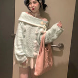 Girlary Kawaii Japanese Style Knitted Pullover Women Sweet Sexy Off Shoulder Long Sleeve Sweaters Cutecore Fashion Pullovers