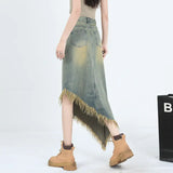 Girlary Raw Edge Women Midi Denim Skirt Spring Summer Korean Streetwear Fashion Irregular Distressed Straight A-line Skirt Shorts