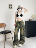 Girlary American New Fashion Multi-pocket Street Overalls Jeans Female Y2K Harajuku Gothic Leisure Popluar Washing Old Wide Leg Pants