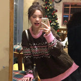 Girlary Women Knitted Pullover Sweater Retro High-End Christmas Jacquard Contrast Color Sweater Autumn Winter New Loose Lazy