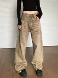 Girlary Brown 2024 Women Jeans High Waist Fashion American Vintage Streetwear Y2K Wide Leg Jean Female Denim Trouser Baggy Denim Pants