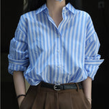 Girlary Spring Autumn Women's Casual Striped Lapel Long Sleeve Loose Shirt