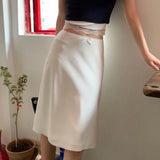 Girlary Elegant White Women Satin Skirt Fairycore Ruffle Mid Skirts Coquette A-line Basic Casual Korean Style Summer Silk Skirt