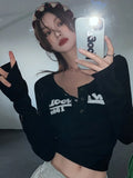 Girlary Retro Graffiti Print Elastic T Shirt Women Sexy Slim Crop Top Ribbed Long Sleeve O-neck Tops Grunge Tee Tops Korean