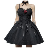 Girlary Punk Style Tie Up Mall Gothic Elegant Women Dresses Grunge Aesthetic Jacquard Rose Dress Emo Lace Trim Black Party Alt Clothes