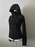 Girlary Grey Lamb Wool Double Zipper Hoodies Women's Clothes Slim Waist Hooded Vintage Y2k Coats Ropa Mujer Casual Fashion Sweatshirts