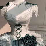 Girlary Japan Elegant Noble Amber Green Short Jsk Dress Flower Wedding Birthday Dress Heavy Industry Trailing Princess Skirt Lolita