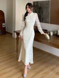 Girlary Chinese Style Elegant Hollow Out Lace Mermaid Dress New Fashion Sexy Slim Wedding Party Dresses Solid Bodycon Vestidos Mujer