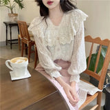 Girlary Vintage French Women Shirts Lace Lolita Elegant Long Sleeve Flounce Blouse High Quality Office Lady Chic Female Tops