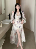 Girlary French Floral Printed Dress Spring Antumn V-neck Lace-up Bow Long Puff Sleeve Splited Vestidos Elegant Chic Evening Party Dress