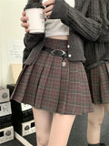 Girlary  Preppy Style Women Vintage Mini Skirts Autumn Chic Plaid A-Line OL Pleated Office Lady High Waist Slim New Daily