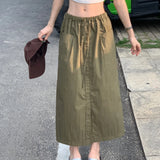 Girlary Cargo Skirt Vintage Solid Fashion Casual Streetwear Midi Skirts Harajuku Y2k Retro All-match Summer A-line Slit Skirt