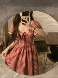 Girlary Elegant Red Plaid Midi Dresses for Women Lace Patchwork V-neck A-line Sweet Casual Summer New Party Dress Kawaii Vestidos Mujer