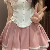 Girlary Sweet Rabbit Ear Sailor Collar Puff Sleeve Shirts Women+ Y2k Slim Waist Ruched Pink Skirts Summer Oversize Two Piece Sets