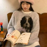 Girlary Loose Sweater Jacquard Puppy Round Neck Lazy Autumn Winter New Sweater Pullover Joker Fashion Top