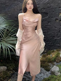 Girlary Sexy Satin Midi Dress Women New Summer Spaghetti Strap Slim Swinging Collar Split Evening Party Dresses Prom One Piece Vestido