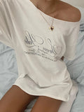 Girlary Y2k Oversized T-shirt Women Summer Coquette Short Sleeve Letter Print Sexy White Off Shoulder Tees Tops Kpop 2024 New