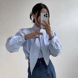 Girlary Korean Chic Spring Retro Standing Neck Bow Design Casual Versatile Long Sleeved Striped Shirt for Women Tops