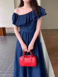 Girlary Summer Off Shoulder Ruffle Collar Long Denim Dress Women High Waist A-line Midi Sundress Female