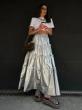 Girlary New Silver Metal Tiered Midi Skirt Women Chic High Waist Loose Fashion A-line Faldas Bottom Femme Streetwear Fashion Skirts