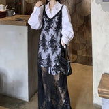 Girlary Floral Lace Black Transparent Dresses Women Sexy Long Dress Korean Sleeveless Holiday Dress Vacation Streetwear Party