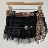 Girlary Vintage Patchwork Plaid Short Skirt Women Hot Chick Y2k Fake Two Pieces Skirt Female Gothic Chic Irregular Skirts New