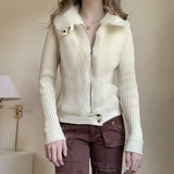 Girlary Knitted Coat Ladies Leisure Patchwork Plush Winter Slim Zipper Lapel Long Sleeve Sweater Cardigan Ladies