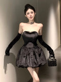 Girlary Sexy Black Velvet Womens Dresses Y2K Strapless Birthday Party Mini Dress Korean Slim Waist A-Line Short Vestidos Female Clothing