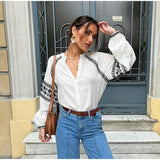 Girlary Casual Embroidery Shirts Women Print Loose V-neck Single Breasted Lantern Sleeve Blouses Spring Summer Casual Lady Office Tops