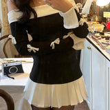 Girlary Korean Kawaii Bow Mini Dress Preppy Cute Off Shoulder Long Sleeve Pleated Dress Y2K Aesthetic Vintage Streetwear