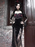 Girlary Dark Elegant Gothic Long Dresses Women Evening Dresses Aesthetic E-girl Lace Splice Sexy Split Alt Outfits Slim Party Club Dress