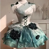 Girlary Japan Elegant Noble Amber Green Short Jsk Dress Flower Wedding Birthday Dress Heavy Industry Trailing Princess Skirt Lolita