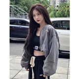 Girlary Y2k Grunge Cross Crop Grey Denim Jackets Women Hippie Streetwear 90s Oversize Zip Jackets Harajuku Kpop Coat Female