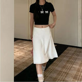 Girlary Elegant White Women Satin Skirt Fairycore Ruffle Mid Skirts Coquette A-line Basic Casual Korean Style Summer Silk Skirt