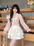 Girlary Fashion Sweet Pink Sailor Collar Bow Long Sleeve Tops+Y2K High Waist Ruffles A-line Mini Skirts Autumn New Two Piece Sets Women