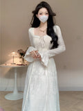 Girlary Spring Elegant Solid Party Long Dresses for Women Casual Lace Up A-line Prom Robe Mujer New Long Sleeve Clothes