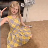 Girlary Streetwear Yellow Palid A-Line Dress Design Sleeveless Fairy Dress Vintage Classical Plaid Prom Gown Fashion Office Lady