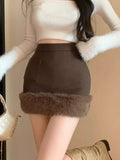 Girlary Y2k Patchwork Furry Woolen Women Skirt Faldas Mujer De Moda High Waist Tunic Temperament Jupe Vintage Bodycon Mini Skirts