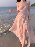 Girlary France Elegant Backless Chiffon Beach Dresses Korean Chic A-line Pink Fairy Dress Summer Casual Vocation Party Club Vestidos