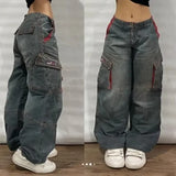 Girlary American Fashion Trend Joker Pattern Embroidered Loose Jeans Women Street Y2K New Hip Hop Oversized Wide-leg Pants Unisex Jeans