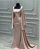 Girlary Customized Square Neck Satin Full Sleeves Mermaid Simple Formal Evening Dresses 2024 Court Train Prom Dresses Party Dresses