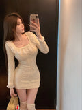 Girlary Autumn Elegant Slim Knitting Lace Dress Women Sexy Bodycon Y2k Mini Dress Casual Short Party Korean Fashion Dress Design