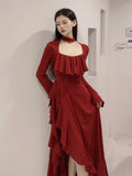 Girlary Spring Red Vintage Elegant Dress Women Flare Sleeve Designer Sweet Long Dress Female Ruffles Retro Princess Irregular Dress